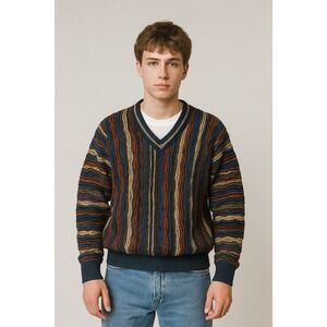 Coogi Australia Sweater Men's Large 3D Knit Multicolor Vintage Biggie Hip Hop‎